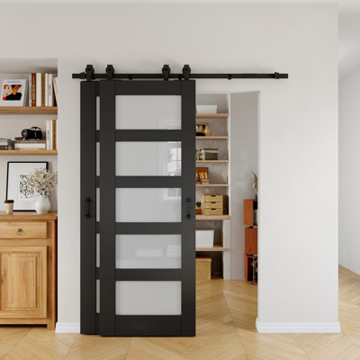 80" 5-Lite Glass Black Primed Solid Core Sliding Bypass Barn Door Double Doors With Hardware Kit (No Assembly Required)