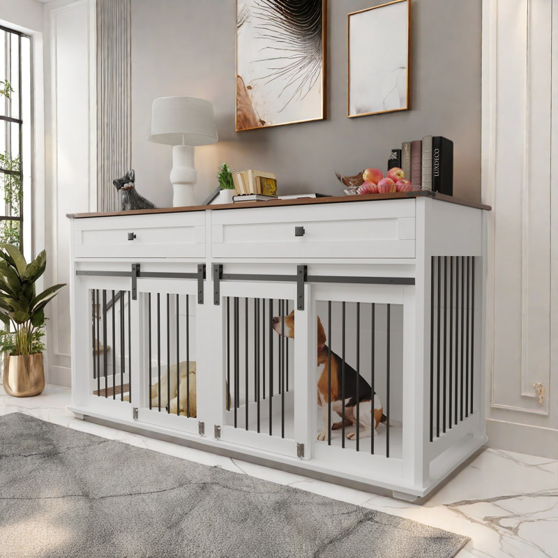 Grande cage double pour chien avec 2 tiroirs, séparateur central amovible, porte coulissante et tube en fer
