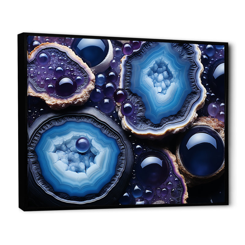 «Blue Stone Geode Volcano», art mural pierre géode, Cadre flottant noir, H 34 po x l 44 po x P 1,5 po