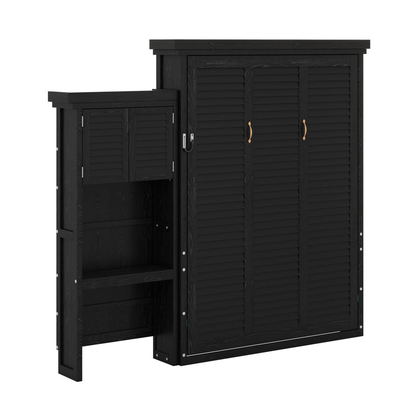 Grand lit escamotable avec bureau et tablettes de bibliothèque de rangement, armoire de lit escamotable en bois massif avec tablettes de rangement