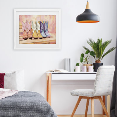 Painted Boots Trio Framed Print Under Glass, design by Kim Allen