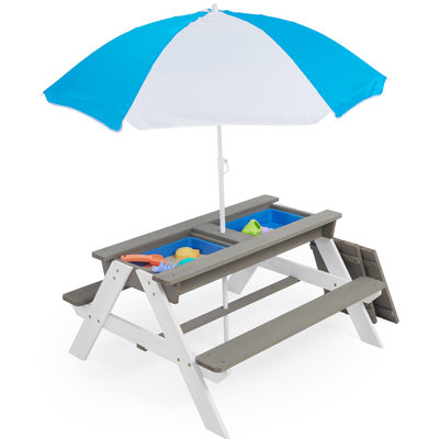 Adrianus 3 in 1 Kids Picnic Table with Umbrella and 2 Play Boxes, Sand & Water Table w/Removable Tabletop
