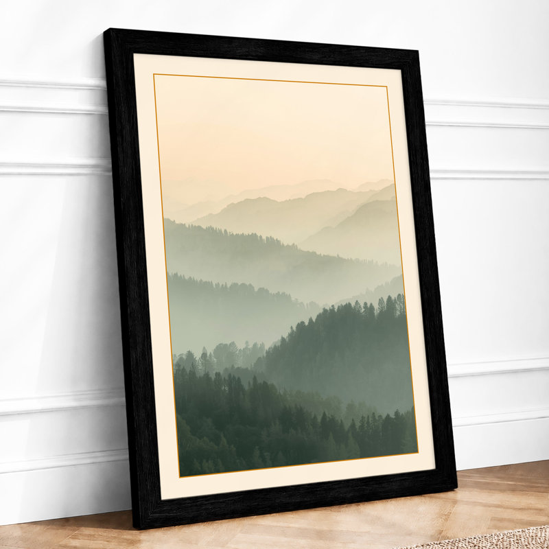 Mountains in Mist Scandinavian - Framed Print, Black, A4 - 29.7 x 21.0 cm