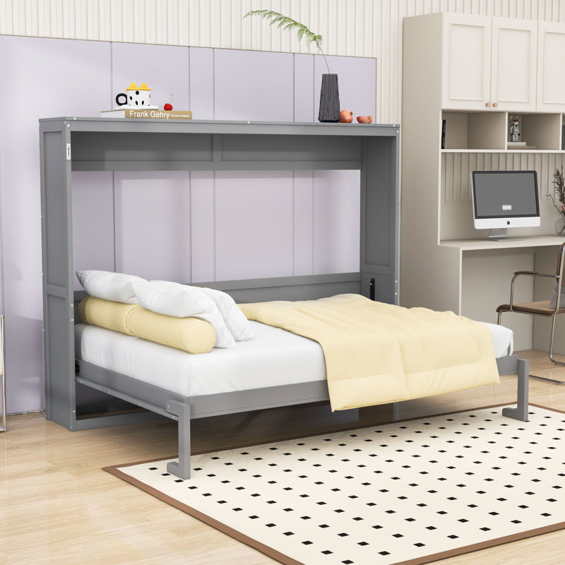 Lit escamotable en bois avec mécanisme de pliage à double piston, Gris, Double