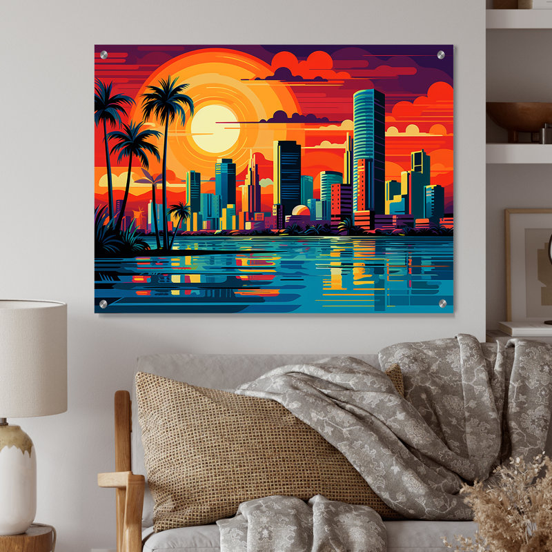 Pop Art Miami Cityscape I - Art mural acrylique Pop Art pour le salon, H 30 po x l 40 po