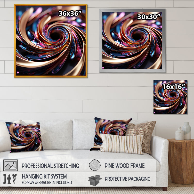 Or et rose hypnotique abstrait en spirale I - abstrait spirales murales, H 16 po x l 16 po x P 1 po, Cadre simple noir