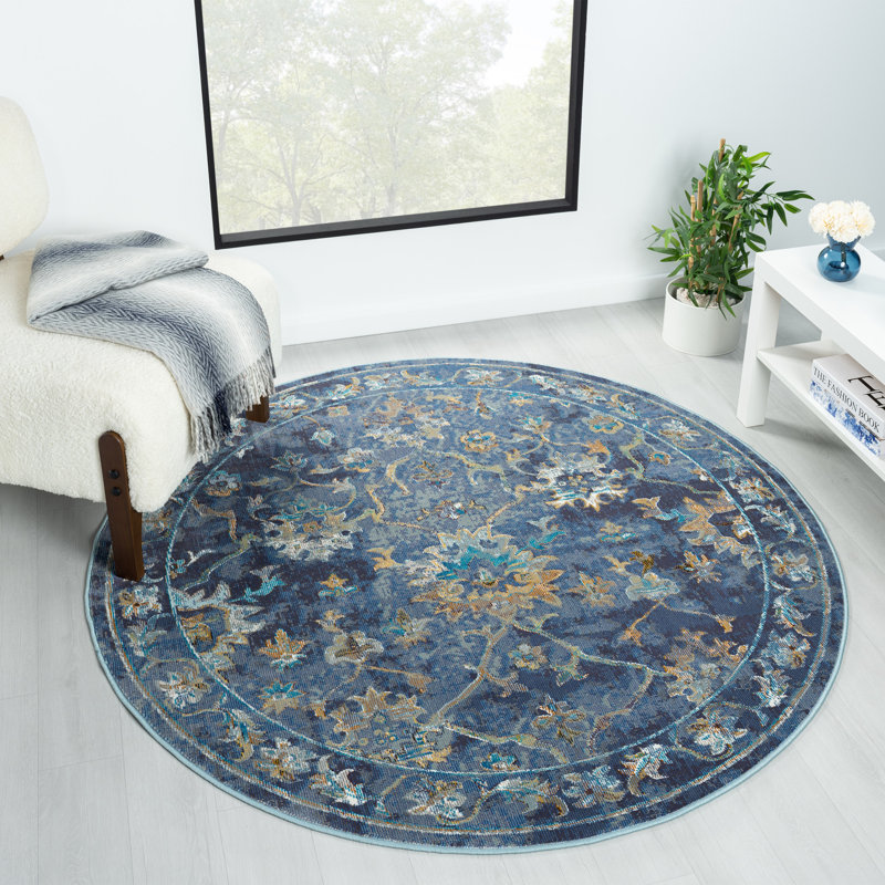 Tapis performance d'intérieur bleu / gris / doré Madrid, Rond 5 pi 3 po