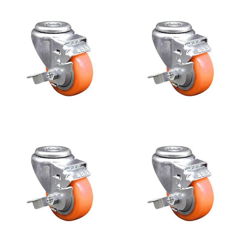 Ensemble de roulettes pivotantes à trou de roue en polyuréthane orange 3 pouces avec frein SCC