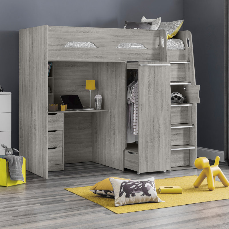 Canale Storage Kids Bed with Desk with Mattress, White/Silver