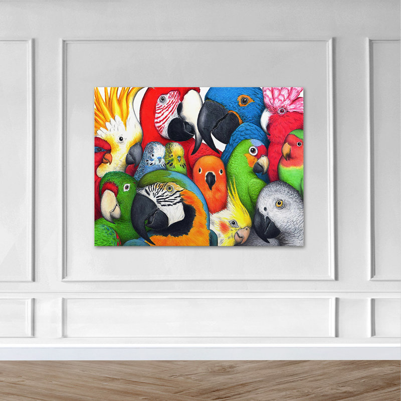 Mignons perroquets colorés - peinture sur toile tendue, H 16 po x l 20 po x P 2 po