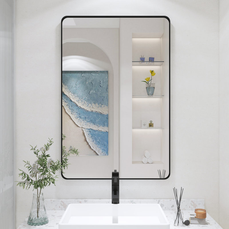 Miroir de salle de bain mural et d'angle Lesamuel, 24 po x 36 po, Noir, Rectangulaire