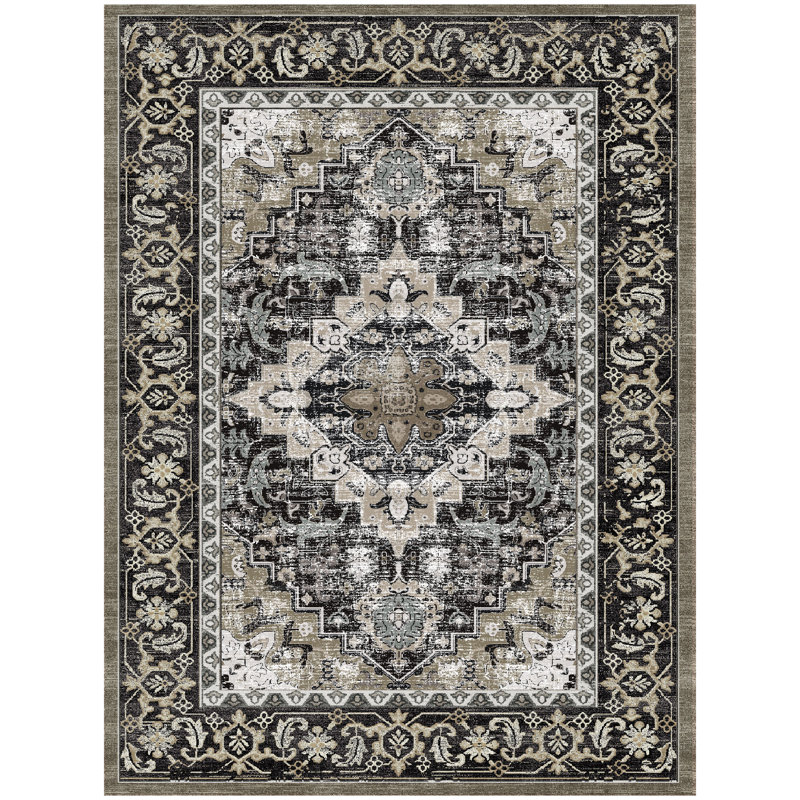 Eleana Vintage Distressed Washable Area Rug with Non-Slip Backing Black Brown, Rectangle 8' x 10', Black Brown