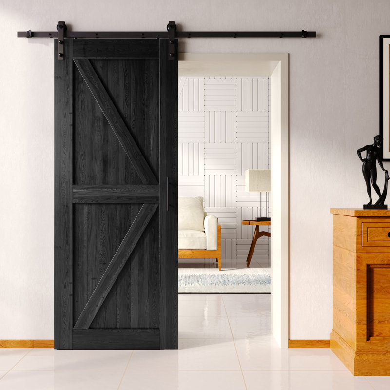 Porte de grange noire non assemblée et finie en forme de K de 84 pouces avec ensemble de quincaillerie d'installation sans dérivation Homacer, usage intérieur seulement