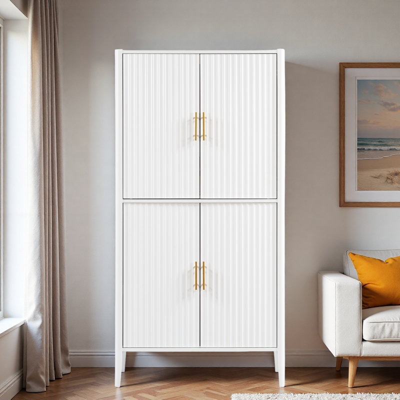 Modern Fluted Wine Cabinet With Glass Display, Stemware Rack, Drawer, Adjustable Shelves And Built-in Led Lighting, White