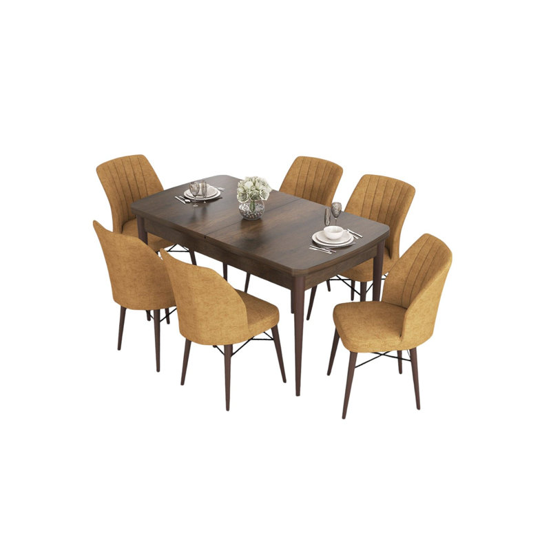 Ensemble de table et chaises de salle à manger extensible (7 pièces), baroque / cappuccino, 52,0 x 31,0 x 30,7 pouces (ouvert: 67,0 x 31,0 x 30,7 po) | 100% panneau de fibres à densité moyenne avec pieds en bois et structure de chaise en métal | Coussins en mousse confortables, parfaits pour les réunions de famille
