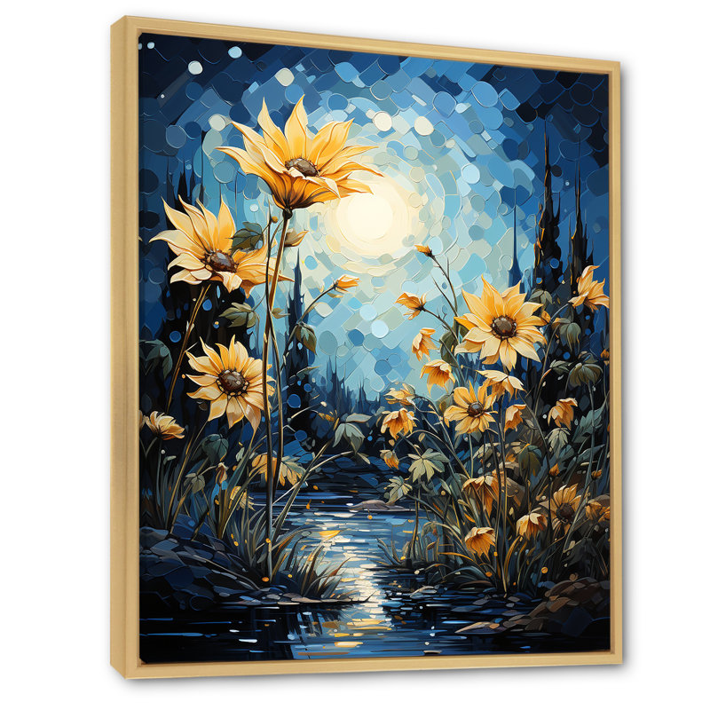 Expressionniste énergie tournesols sur toile, Cadre naturel flottant, H 44 po x l 34 po x P 1,5 po