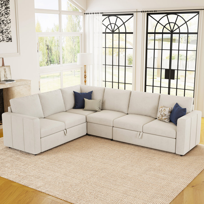 L-Shaped Modular Sleeper Sectional, Velvet - Beige