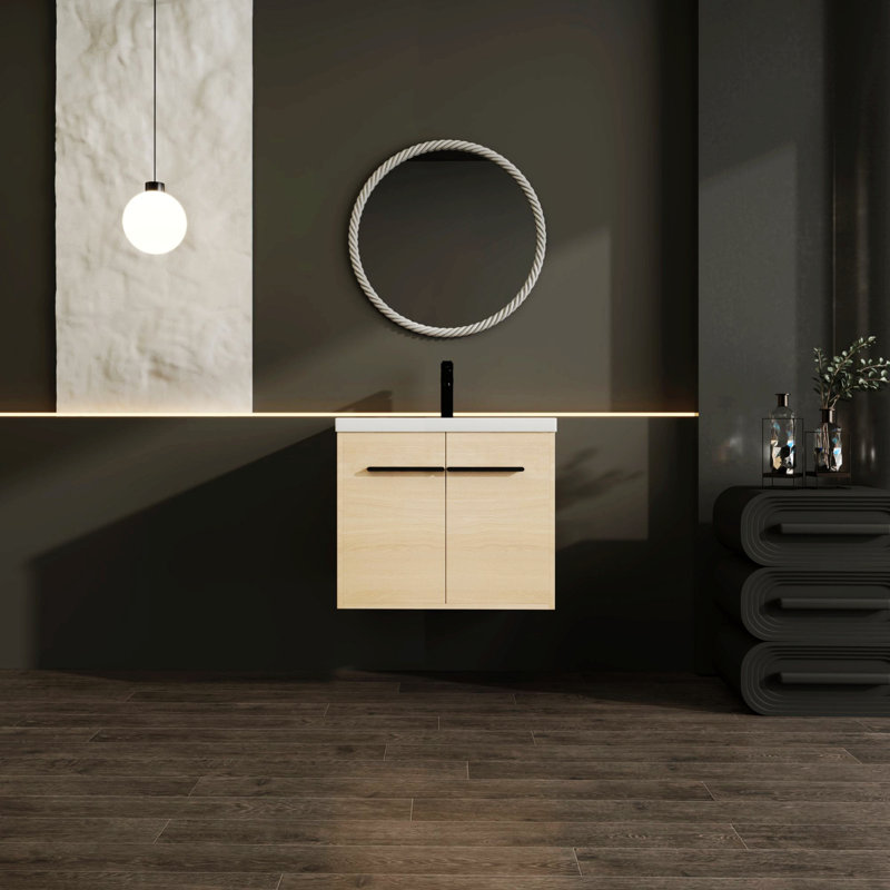 Meuble-lavabo de salle de bain avec lavabo à poser en résine, armoire de salle de bain 2 portes