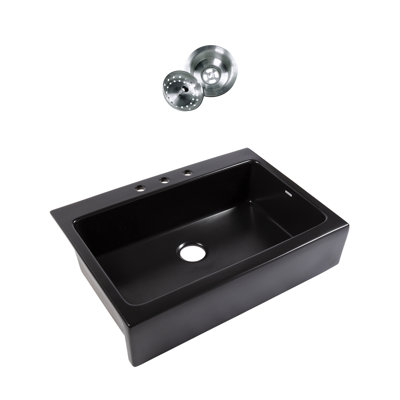 Parker Black Fireclay 34" Single Bowl Quick-Fit Drop-In Farmhouse Kitchen Sink with 3 Hole and Drain
