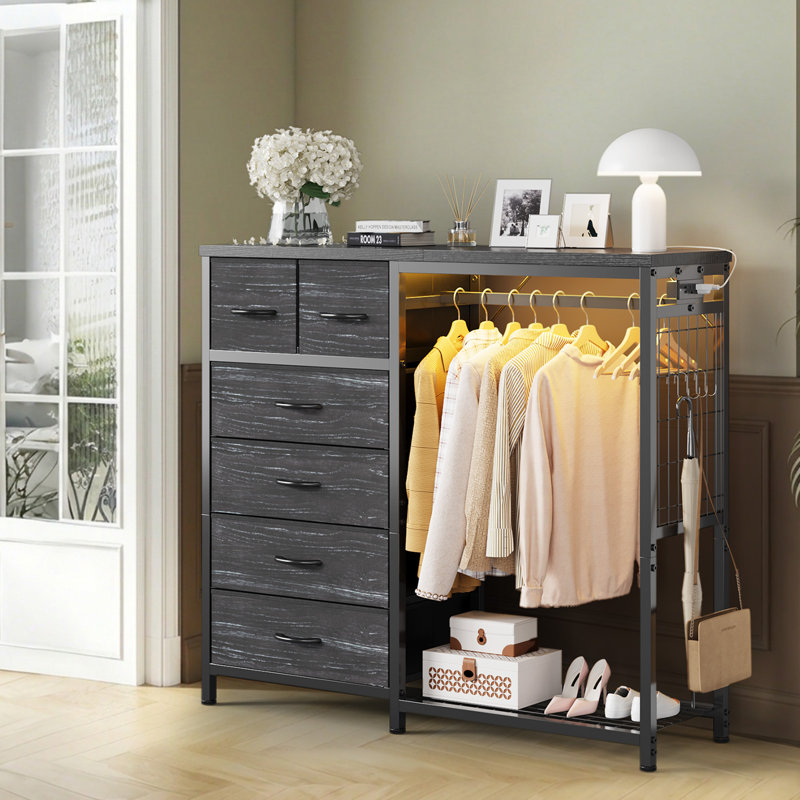 Armoire 6 tiroirs en tissu avec tringle, Noir
