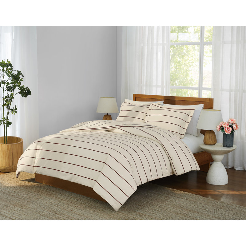 Brooklyn Loom Hayward Stripe Duvet Set, Ivory/Brown, King Duvet Cover + 2 King Shams
