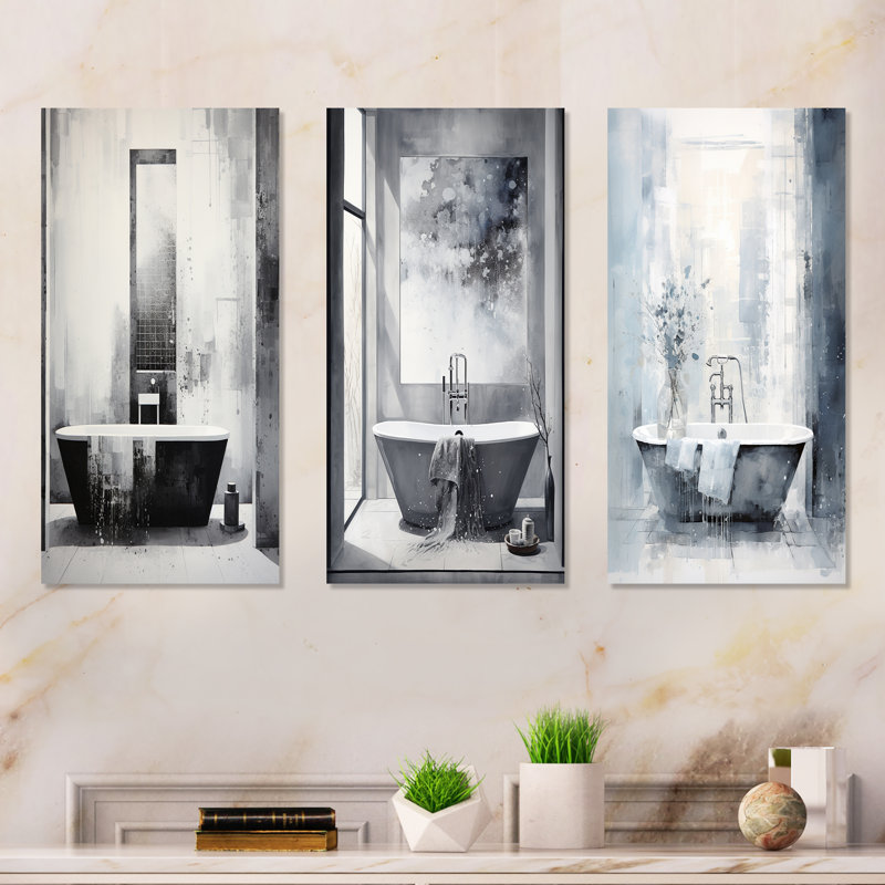 «Bathroom Minimalist Elegance I», ensemble de 3 reproductions d'art sur toile, Toile tendue, H 32 po x l 48 po