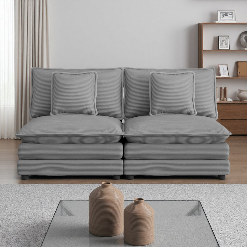 70,8 po Canapé modulaire rembourré en velours côtelé avec deux coussins pour le salon, Gris foncé