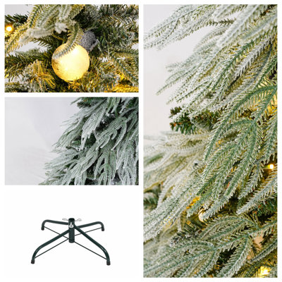 Sapin de Noël de 2,13 m (7 pi) pré-décoré et floqué de neige | Guirlande lumineuse DEL et boules blanches en plastique préinstallées, décoration intérieure pour les fêtes de Noël