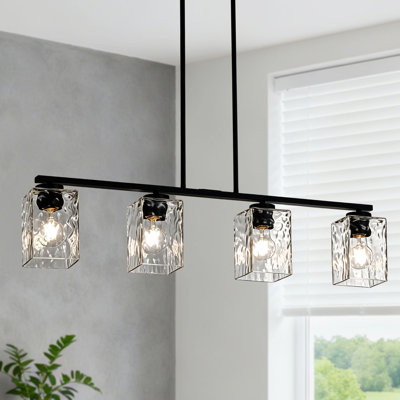 34" 4-Light Matte Black Linear Kitchen Island Pendant Light with Hammered Glass Shade