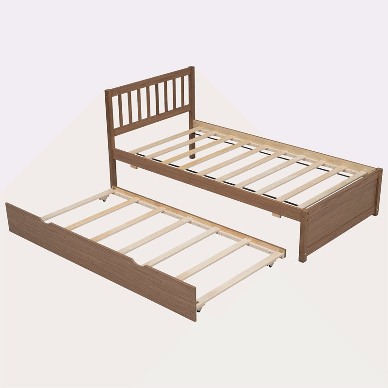 Structure de lit plateforme moderne en bois avec lit gigogne, Noyer