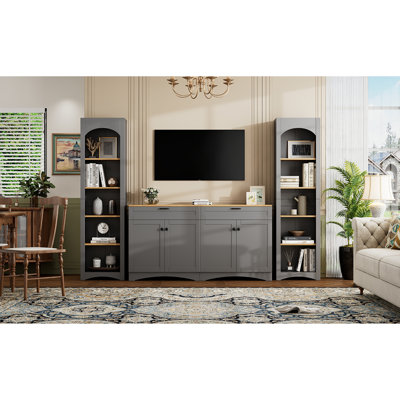 Meuble audio-vidéo Adroid de style Mid-Century avec charme rustique, meuble de rangement pour téléviseur de 70 po, meuble télé avec tablettes et bibliothèque réglables, buffet de salon
