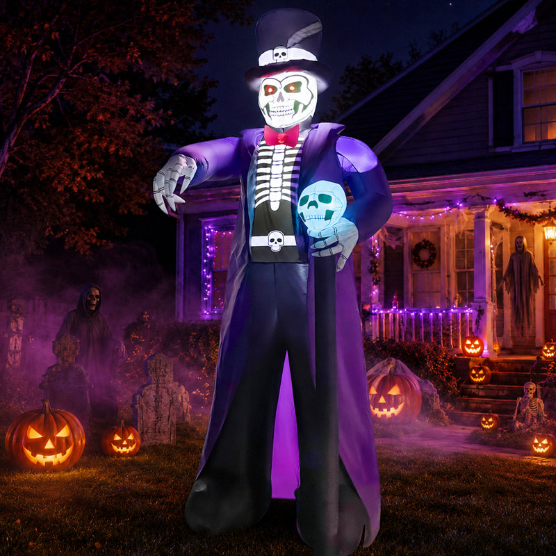  Vampire comte gonflable illuminé 9 pi avec robe mauve et tête de mort d'Halloween