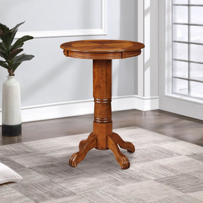Ava 42 Inch Wood Pub Bar Table, Sunburst Design, Carved Pedestal, Walnut