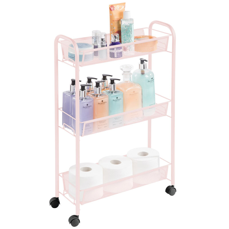 Blush Pink Steel 3-Tier Rolling Laundry Cart with Shelves