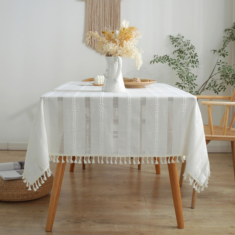 Nappe lavable en lin infroissable avec pampille, L 78 po x l 55 po, Blanc