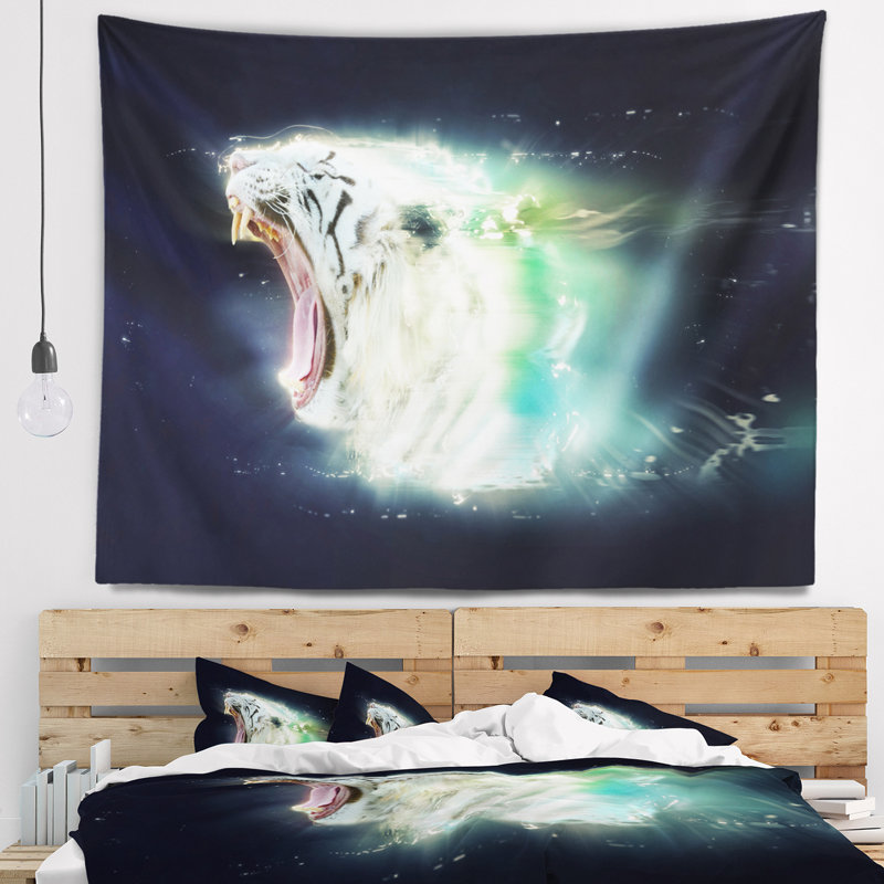 Tapisserie «White Tiger» avec mâchoires ouvertes, H 50 po x l 60 po