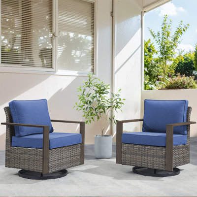 Drazen Outdoor Wicker Swivel Glider Chairs With Cushions & Unique Wood-Grain Armrests by Lark Manor