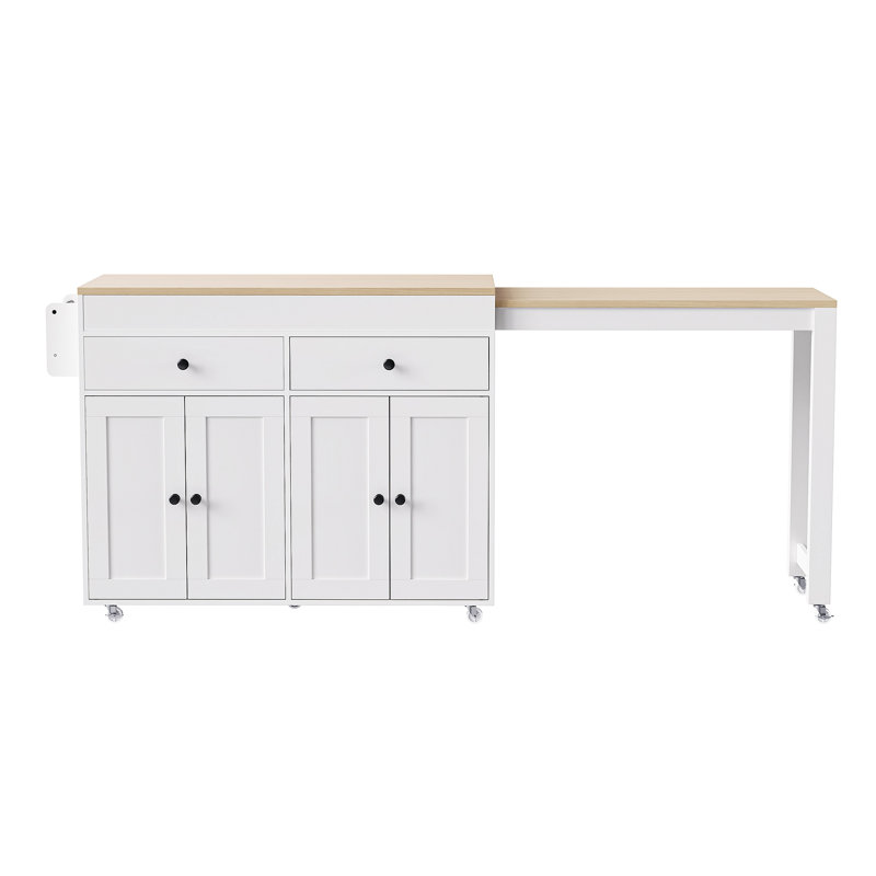 Îlot de cuisine 74,5 pouces avec table de salle à manger extensible, îlot de cuisine sur roulettes avec support à épices et 2 tiroirs, armoire 4 portes, pour la cuisine, la salle à manger