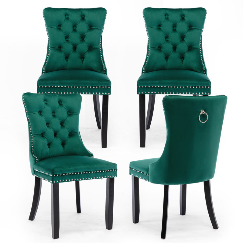 Ensemble de 4 chaises de salle à manger rembourrées en velours avec pattes dorées, vert, Noir, noir, noir, noir, Vert