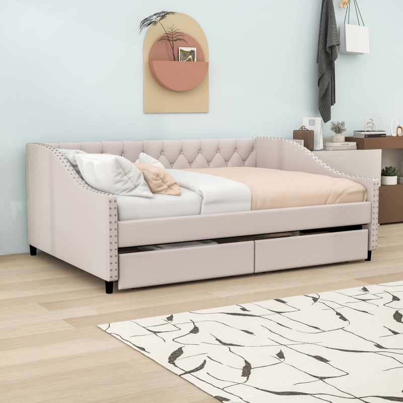 Full Size Linen Upholstered Daybed with Two Drawers, Beige