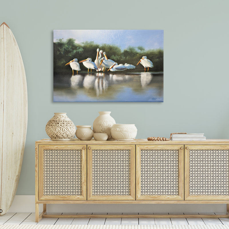 «White Pelicans Flock», art mural sur toile par D. Rust, H 30 po x l 45 po