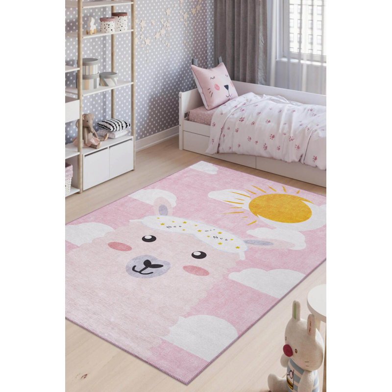 Tapis décoratif tissé à motif animal rose pour enfants, Rectangle 5 pi x 7 pi 7 po