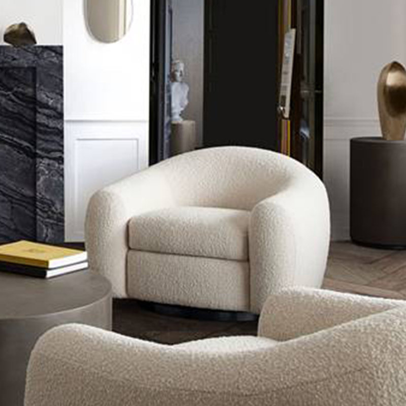 Eucalyptus Solid Wood Barrel Swivel Chair in Bone Boucle