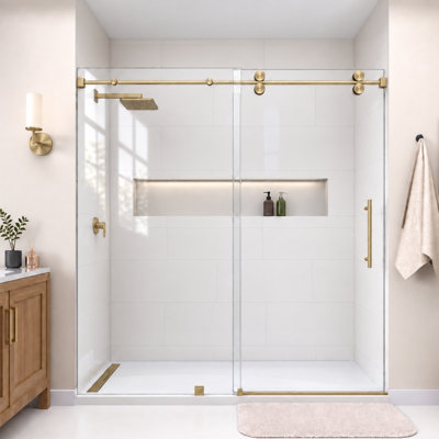 Porte de douche coulissante simple sans cadre Radiance 56''-60'' L x 72'' H en bronze brossé avec verre clair de 3/8 po
