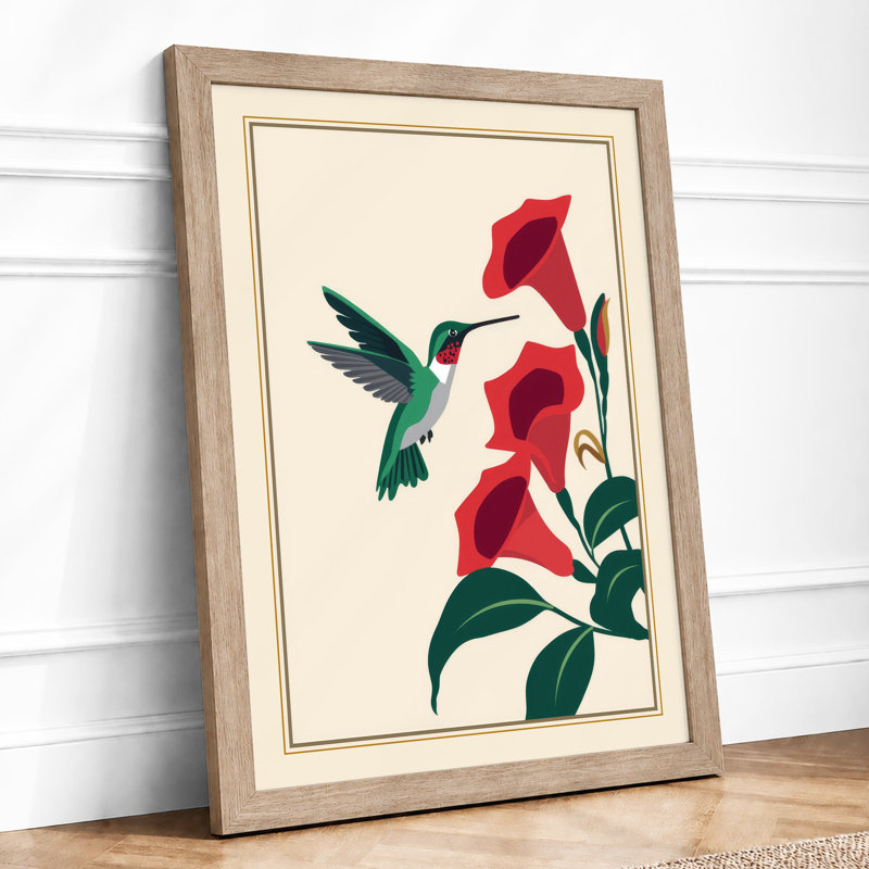 Hummingbird and Trumpets Botanical - Framed Print, A2 - 59.4 x 42.0 cm, Oak