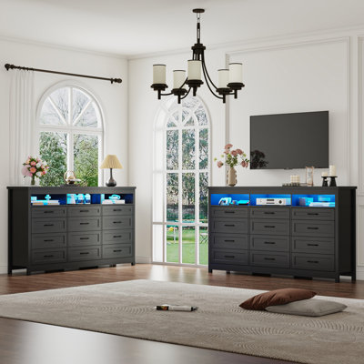 70.87" Farmhouse 12 Drawer Dresser, Long Dresser TV Stand With LED Lights & Charging Station, Chest Of Drawers
