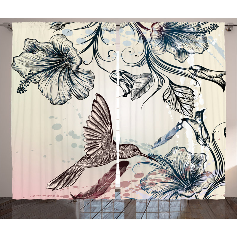 Hummingbird Floral Semi-Sheer Rod Pocket Curtain Panels, 54" x 108"