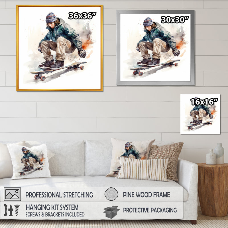 «Skateboarder Charm In Winter», reproduction sur toile, Cadre doré simple, H 36 po x l 36 po x P 1,5 po