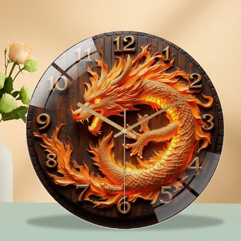 Horloge murale silencieuse en verre trempé de 30 cm, « Horloge murale Dragon avec détails de flammes et rétroéclairage DEL », sans tic-tac, fonctionne avec des piles (piles AA non comprises), décoration artistique pour la maison