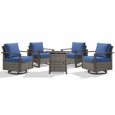 5-Piece Outdoor Frame Armrest Patio Conversation Set With Swivel Chairs And Fire Pit Table